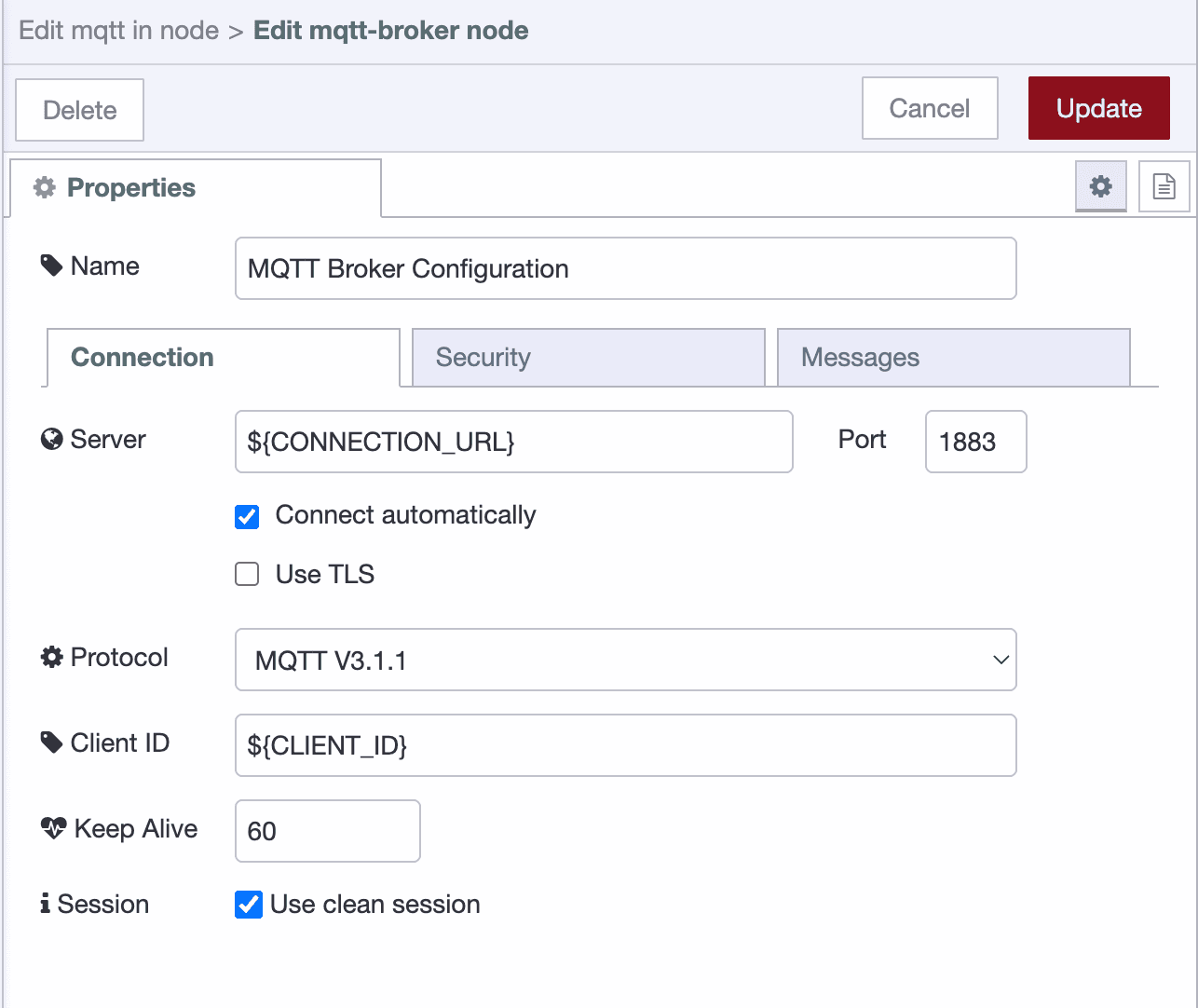 MQTT broker connection configuration screen showing server address, port, and protocol settings